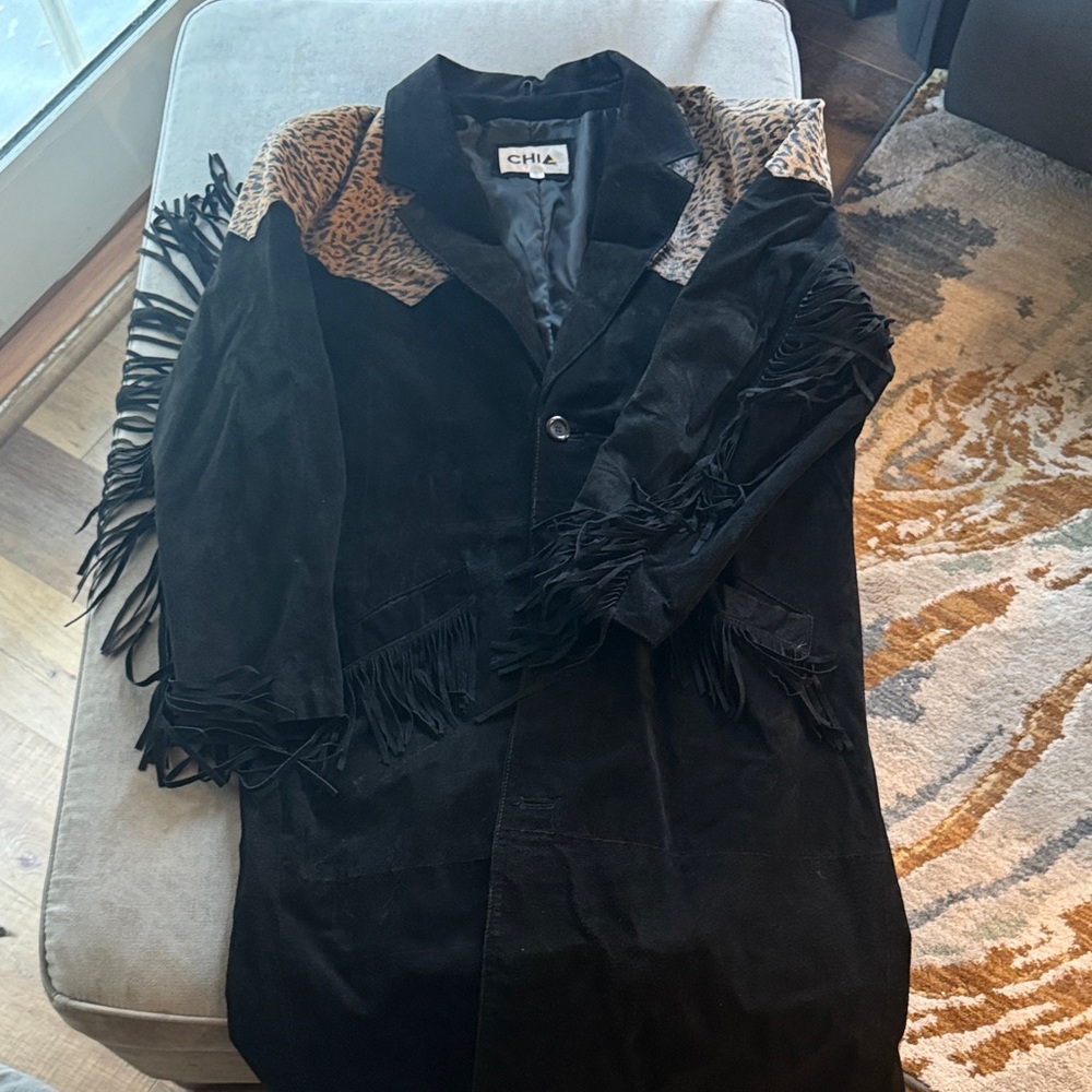 Chia Black Suede Jacket with Leopard Print and Fringe
